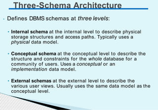 Three-Schema Architecture
• Defines DBMS schemas at three levels:
• Internal schema at the internal level to describe physical
storage structures and access paths. Typically uses a
physical data model.
• Conceptual schema at the conceptual level to describe the
structure and constraints for the whole database for a
community of users. Uses a conceptual or an
implementation data model.
• External schemas at the external level to describe the
various user views. Usually uses the same data model as the
conceptual level.
 