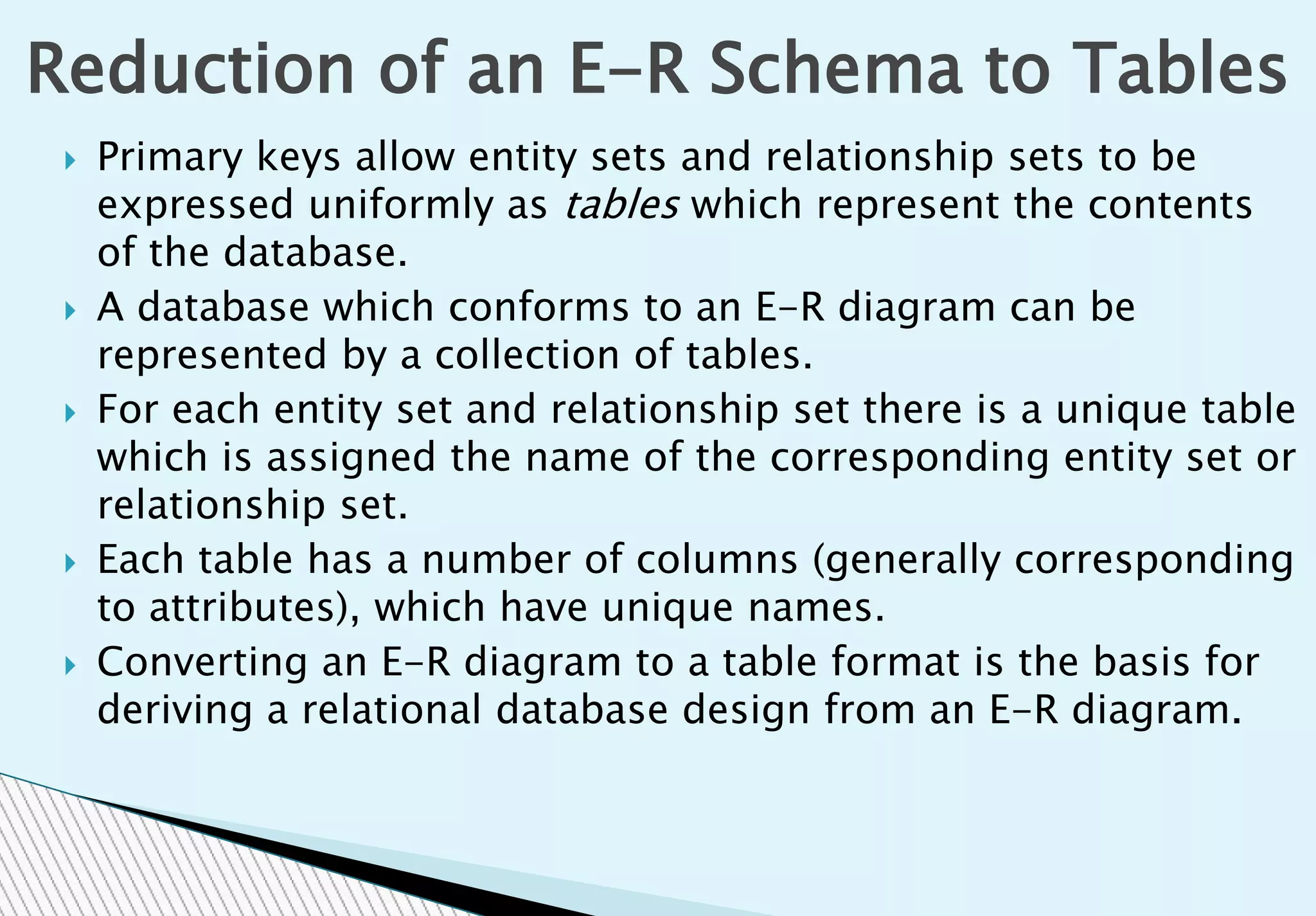  Primary keys allow entity sets and relationship sets to be
expressed uniformly as tables which represent the contents
of the database.
 A database which conforms to an E-R diagram can be
represented by a collection of tables.
 For each entity set and relationship set there is a unique table
which is assigned the name of the corresponding entity set or
relationship set.
 Each table has a number of columns (generally corresponding
to attributes), which have unique names.
 Converting an E-R diagram to a table format is the basis for
deriving a relational database design from an E-R diagram.
Reduction of an E-R Schema to Tables
 