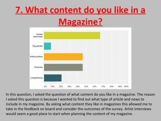 7. What content do you like in a
Magazine?
In this question, I asked the question of what content do you like in a magazine. The reason
I asked this question is because I wanted to find out what type of article and news to
include in my magazine. By asking what content they like in magazines this allowed me to
take in the feedback on board and consider the outcomes of the survey. Artist interviews
would seem a good place to start when planning the content of my magazine.
 