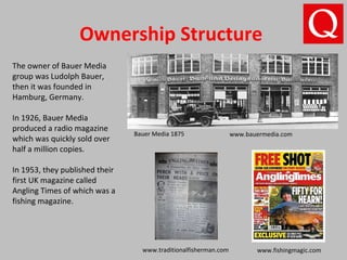 Ownership Structure
Bauer Media 1875
The owner of Bauer Media
group was Ludolph Bauer,
then it was founded in
Hamburg, Germany.
In 1926, Bauer Media
produced a radio magazine
which was quickly sold over
half a million copies.
In 1953, they published their
first UK magazine called
Angling Times of which was a
fishing magazine.
www.fishingmagic.comwww.traditionalfisherman.com
www.bauermedia.com
 