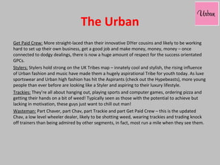 The Urban
Get Paid Crew: More straight-laced than their innovative DIYer cousins and likely to be working
hard to set up their own business, get a good job and make money, money, money – once
connected to dodgy dealings, there is now a huge amount of respect for the success orientated
GPCs.
Stylers: Stylers hold strong on the UK Tribes map – innately cool and stylish, the rising influence
of Urban fashion and music have made them a hugely aspirational Tribe for youth today. As luxe
sportswear and Urban high fashion has hit the Aspirants (check out the Hypebeasts), more young
people than ever before are looking like a Styler and aspiring to their luxury lifestyle.
Trackies: They’re all about hanging out, playing sports and computer games, ordering pizza and
getting their hands on a bit of weed! Typically seen as those with the potential to achieve but
lacking in motivation, these guys just want to chill out man!
Wasteman: Part Chaver, part Chav, part Trackie and part Get Paid Crew – this is the updated
Chav, a low level wheeler dealer, likely to be shotting weed, wearing trackies and trading knock
off trainers than being admired by other segments, in fact, most run a mile when they see them.
 