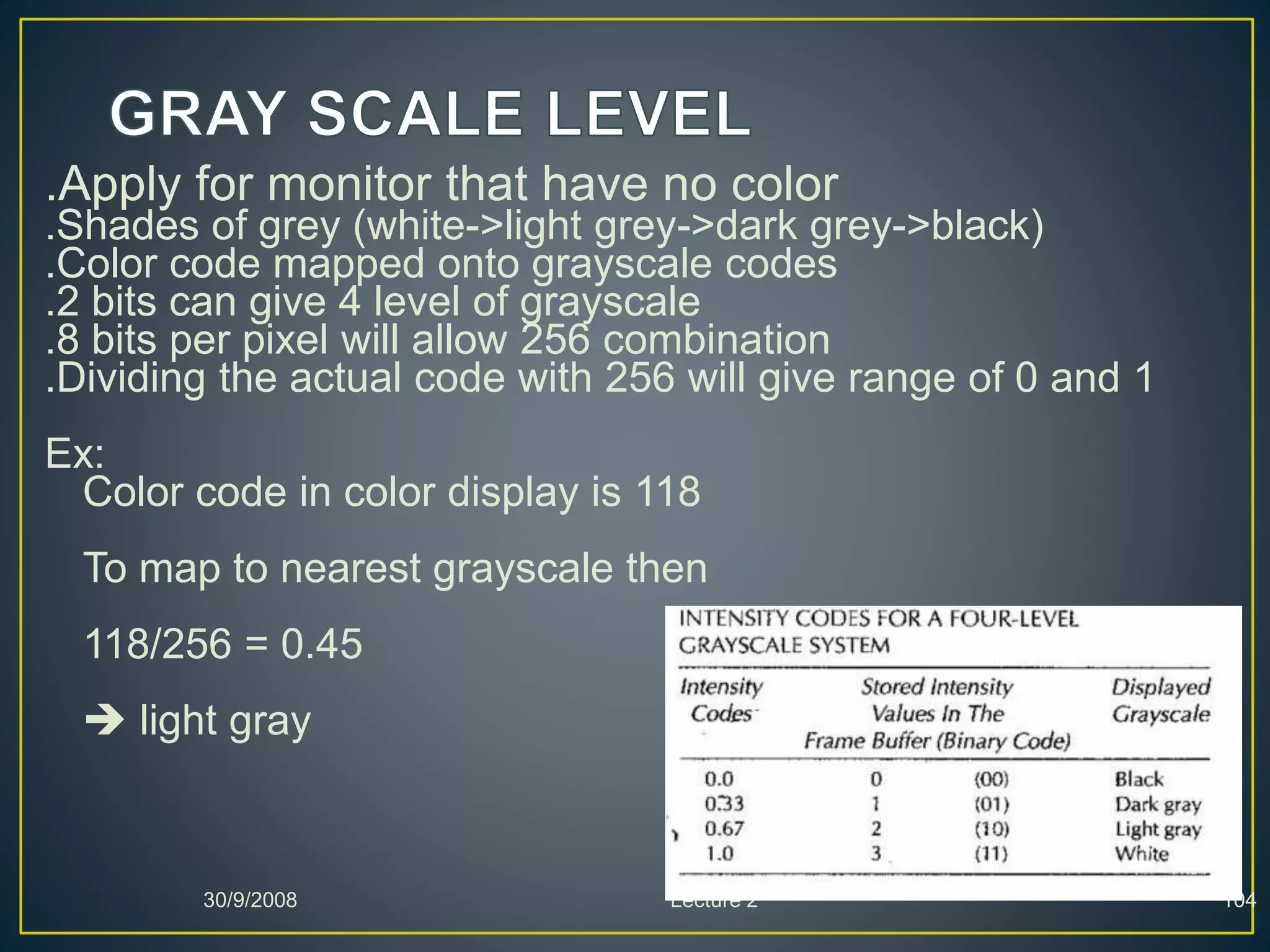 .Apply for monitor that have no color
.Shades of grey (white->light grey->dark grey->black)
.Color code mapped onto grayscale codes
.2 bits can give 4 level of grayscale
.8 bits per pixel will allow 256 combination
.Dividing the actual code with 256 will give range of 0 and 1
Ex:
Color code in color display is 118
To map to nearest grayscale then
118/256 = 0.45
 light gray
30/9/2008 Lecture 2 104
 