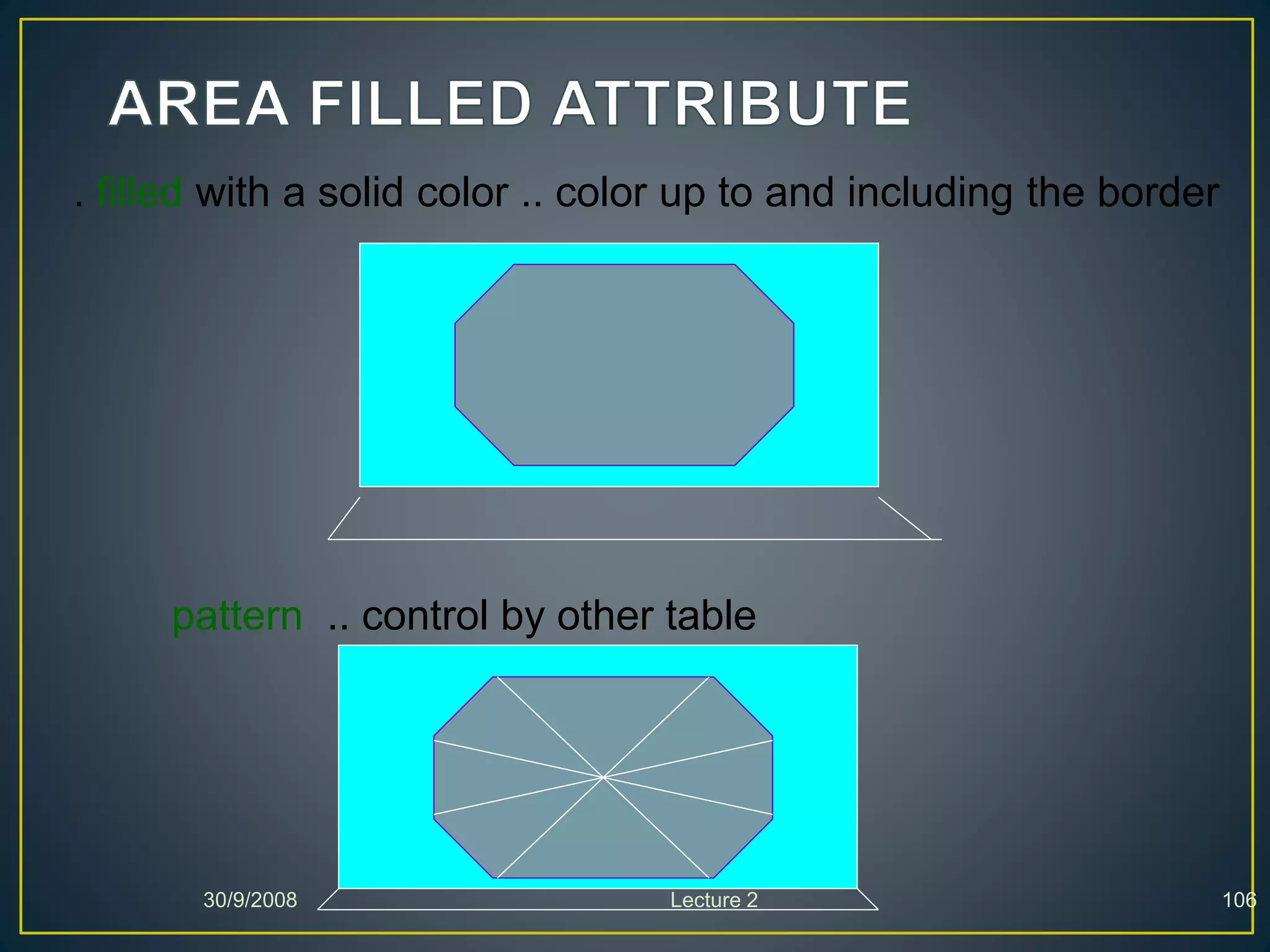 30/9/2008 Lecture 2 106
. filled with a solid color .. color up to and including the border
pattern .. control by other table
 