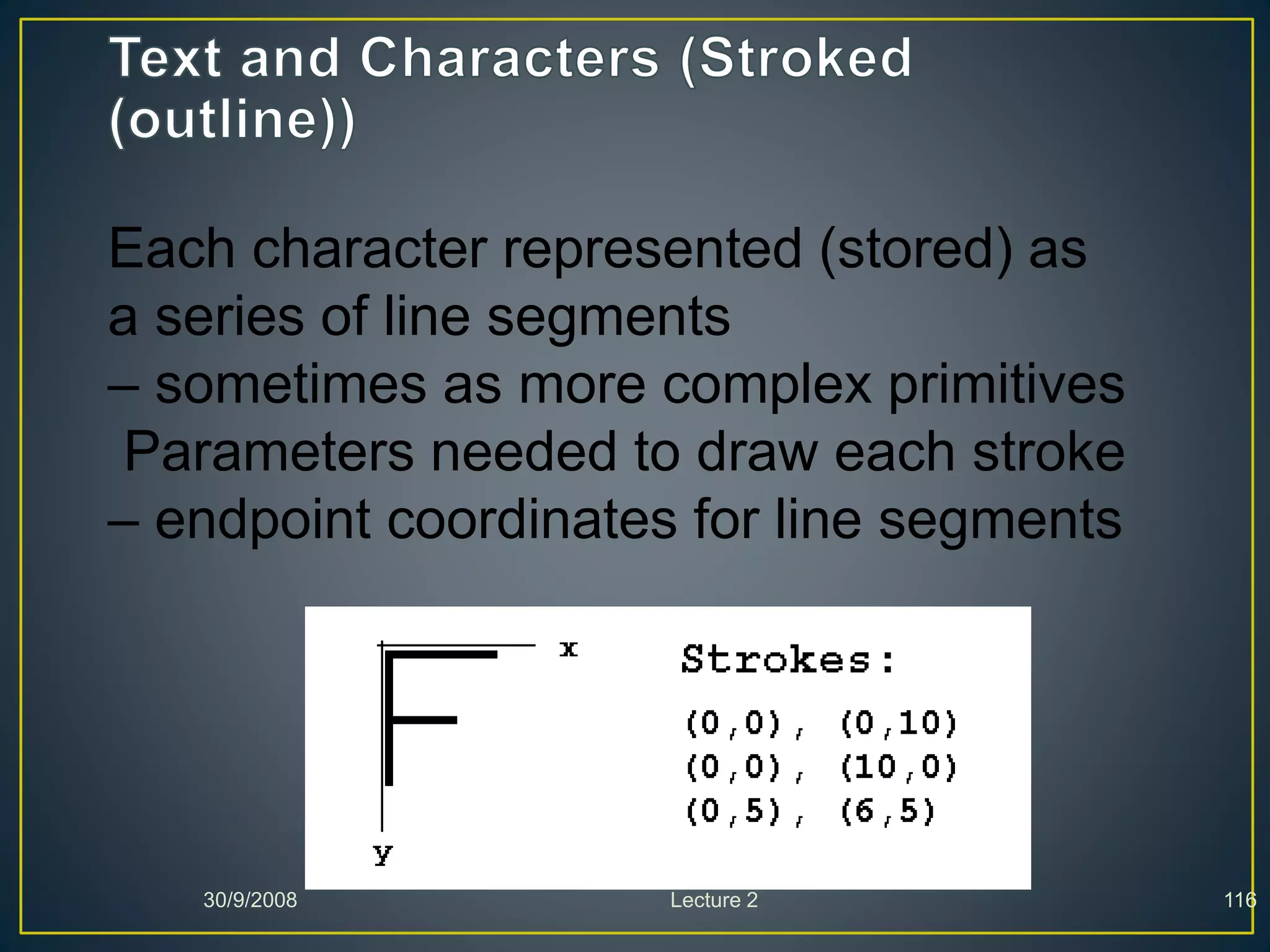 30/9/2008 Lecture 2 116
Each character represented (stored) as
a series of line segments
– sometimes as more complex primitives
Parameters needed to draw each stroke
– endpoint coordinates for line segments
 