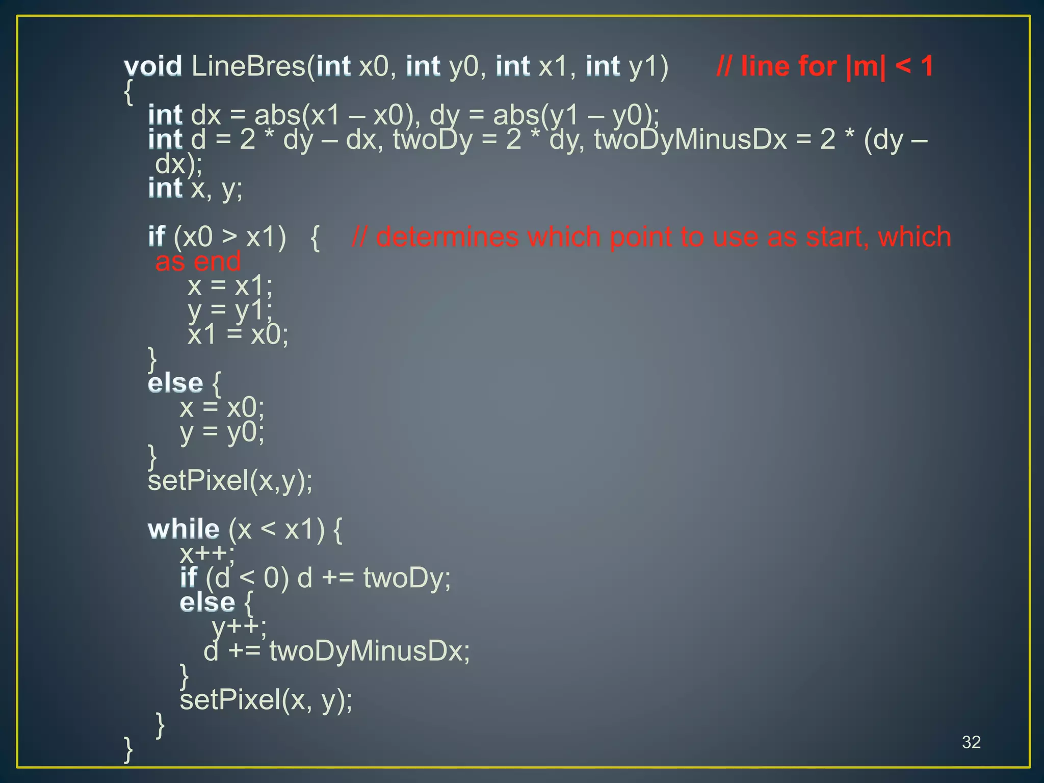 LineBres( x0, y0, x1, y1) // line for |m| < 1
{
dx = abs(x1 – x0), dy = abs(y1 – y0);
d = 2 * dy – dx, twoDy = 2 * dy, twoDyMinusDx = 2 * (dy –
dx);
x, y;
(x0 > x1) { // determines which point to use as start, which
as end
x = x1;
y = y1;
x1 = x0;
}
{
x = x0;
y = y0;
}
setPixel(x,y);
(x < x1) {
x++;
(d < 0) d += twoDy;
{
y++;
d += twoDyMinusDx;
}
setPixel(x, y);
}
} 32
 