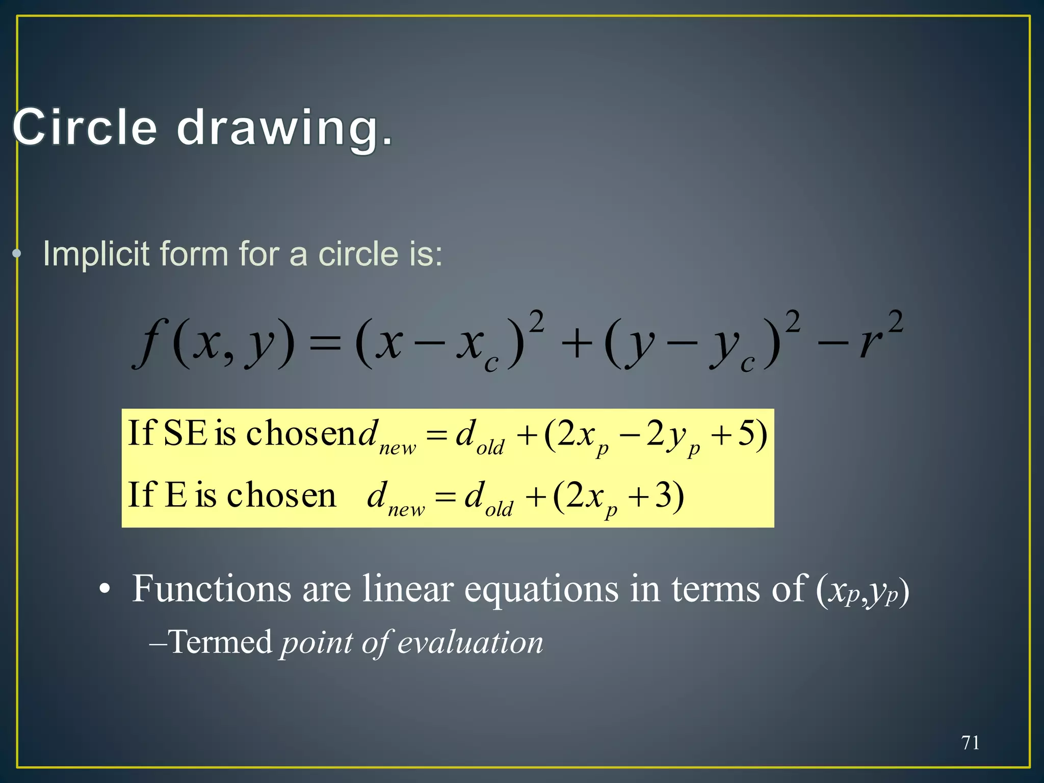 71
• Implicit form for a circle is:
)32(chosenisEIf
)522(chosenisSEIf


poldnew
ppoldnew
xdd
yxdd
• Functions are linear equations in terms of (xp,yp)
–Termed point of evaluation
222
)()(),( ryyxxyxf cc 
 
