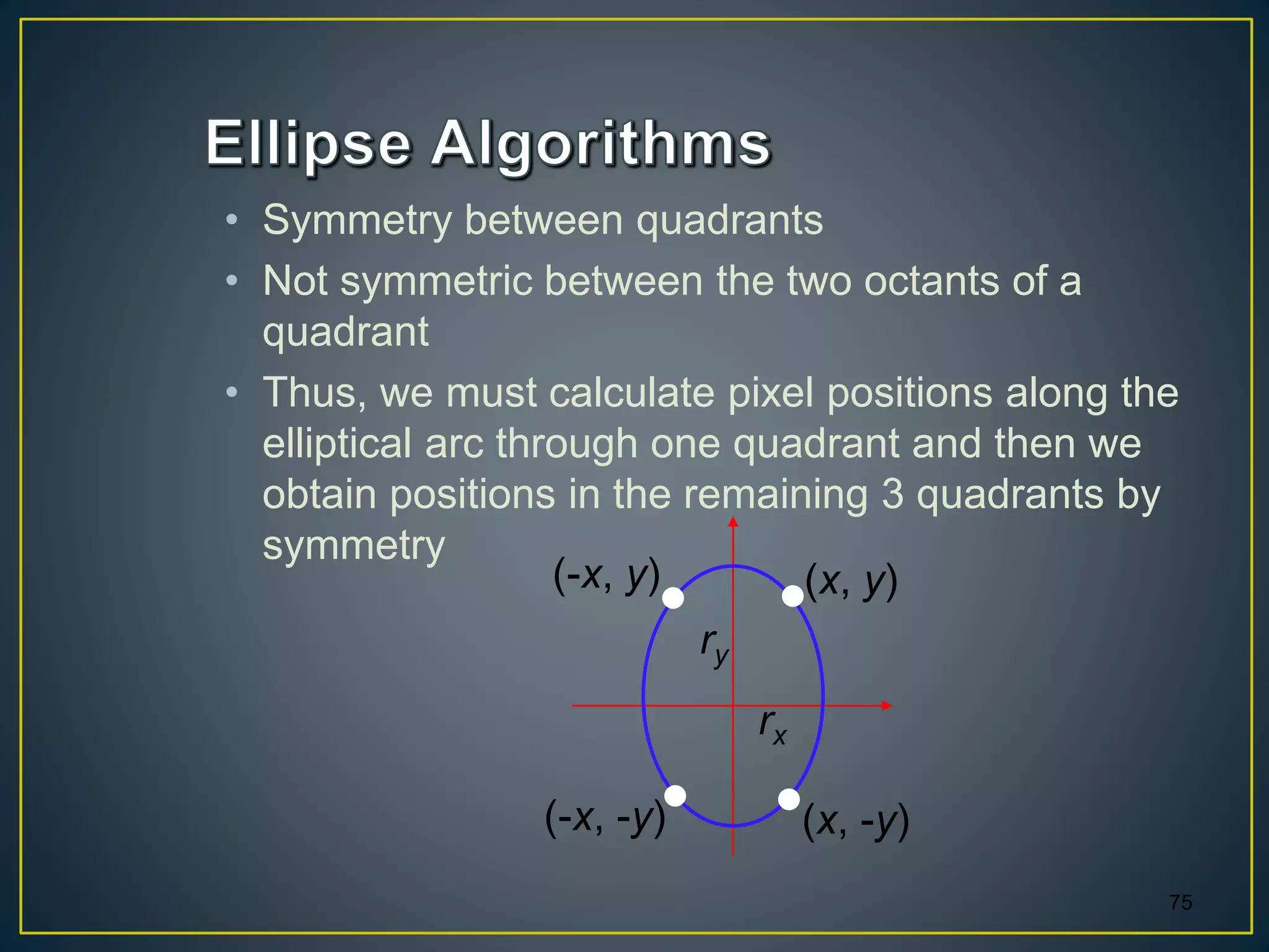 • Symmetry between quadrants
• Not symmetric between the two octants of a
quadrant
• Thus, we must calculate pixel positions along the
elliptical arc through one quadrant and then we
obtain positions in the remaining 3 quadrants by
symmetry
75
(x, y)(-x, y)
(x, -y)(-x, -y)
rx
ry
 