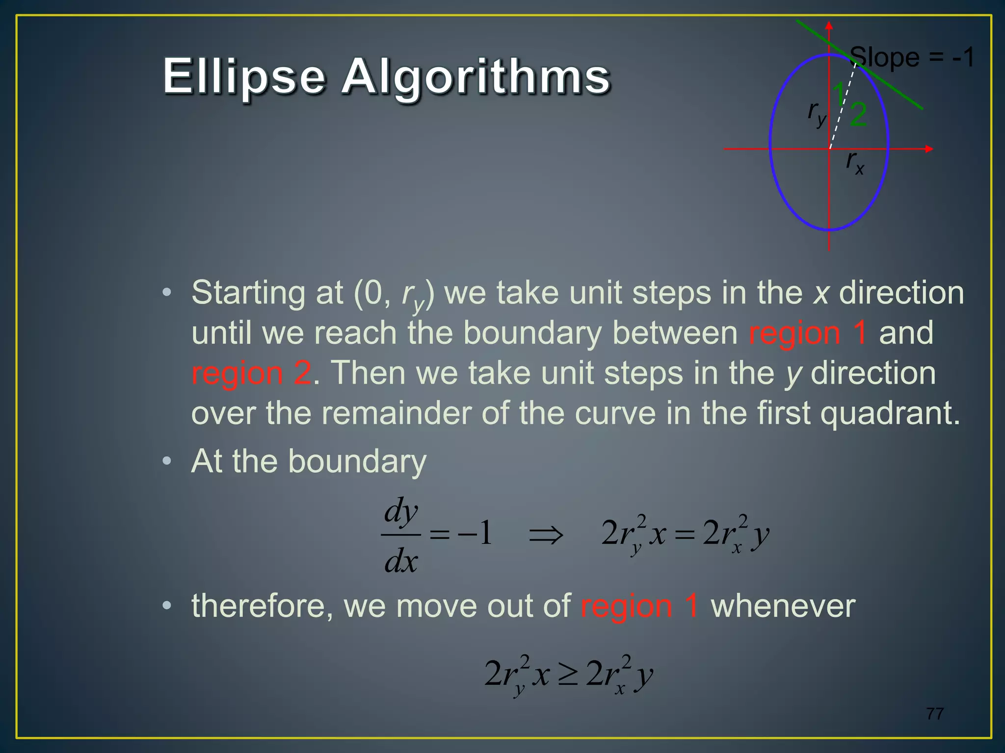 • Starting at (0, ry) we take unit steps in the x direction
until we reach the boundary between region 1 and
region 2. Then we take unit steps in the y direction
over the remainder of the curve in the first quadrant.
• At the boundary
• therefore, we move out of region 1 whenever
77
1
Slope = -1
rx
ry 2
2 2
1 2 2y x
dy
r x r y
dx
   
2 2
2 2y xr x r y
 