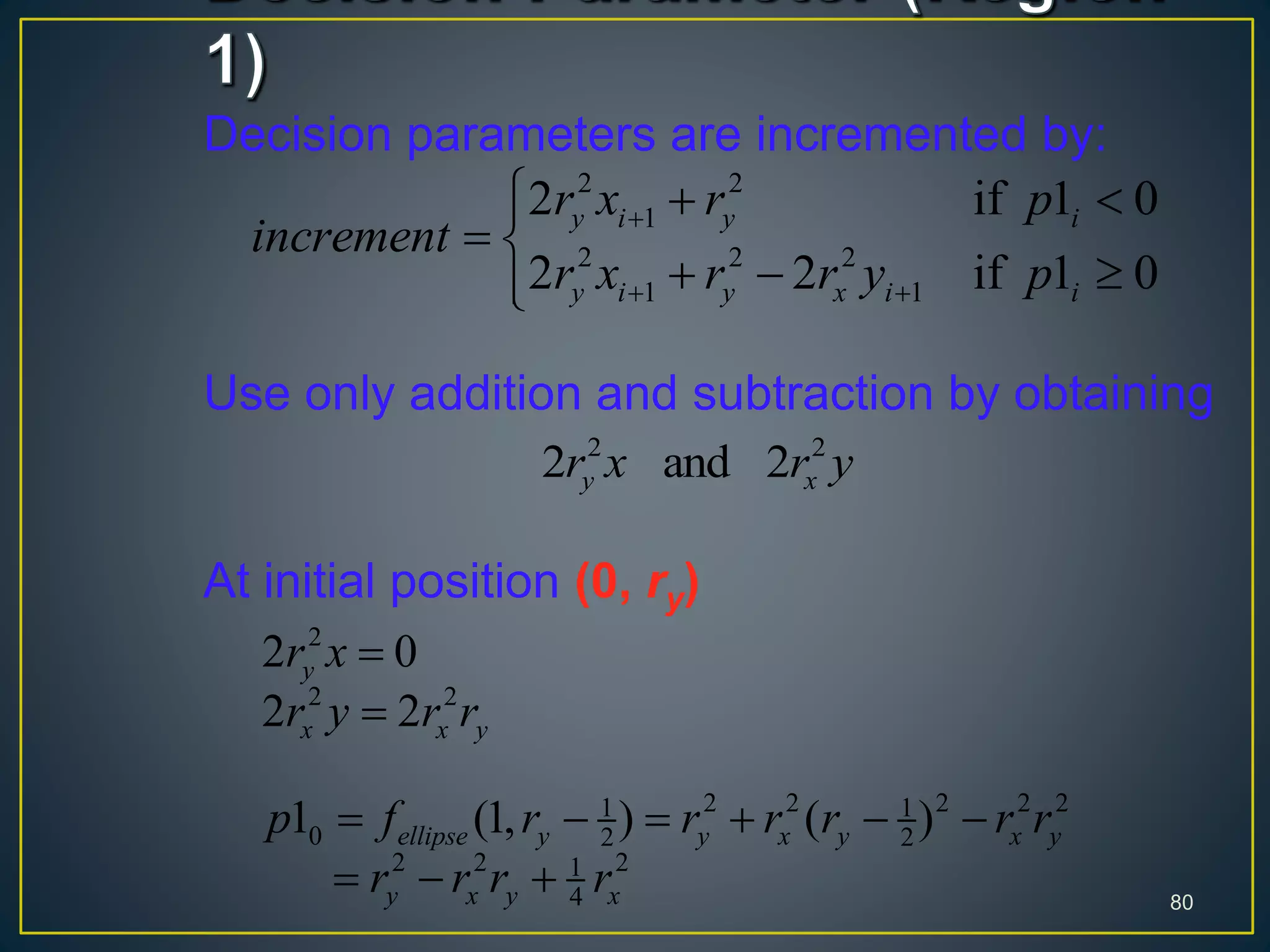 Decision parameters are incremented by:
Use only addition and subtraction by obtaining
At initial position (0, ry)
80
2 2
1
2 2 2
1 1
2 if 1 0
2 2 if 1 0
y i y i
y i y x i i
r x r p
increment
r x r r y p

 
  
 
  
2 2
2 and 2y xr x r y
2
2 2
2 2 2 2 21 1
0 2 2
2 2 21
4
2 0
2 2
1 (1, ) ( )
y
x x y
ellipse y y x y x y
y x y x
r x
r y r r
p f r r r r r r
r r r r


     
  
 