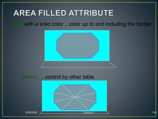 30/9/2008 Lecture 2 106
. filled with a solid color .. color up to and including the border
pattern .. control by other table
 