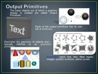 Describes the geometry of objects and –
typically referred to as geometric
primitives.
Examples: point, line, text, filled region,
images, quadric surfaces, spline curves
Each of the output primitives has its own
set of attributes.
The basic objects out of which a graphics
display is created are called Output
Primitives
 