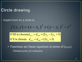 71
• Implicit form for a circle is:
)32(chosenisEIf
)522(chosenisSEIf


poldnew
ppoldnew
xdd
yxdd
• Functions are linear equations in terms of (xp,yp)
–Termed point of evaluation
222
)()(),( ryyxxyxf cc 
 