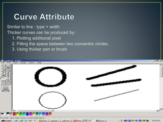 Similar to line : type + width
Thicker curves can be produced by:
1. Plotting additional pixel
2. Filling the space between two concentric circles.
3. Using thicker pen or brush
30/9/2008 Lecture 2 96
 