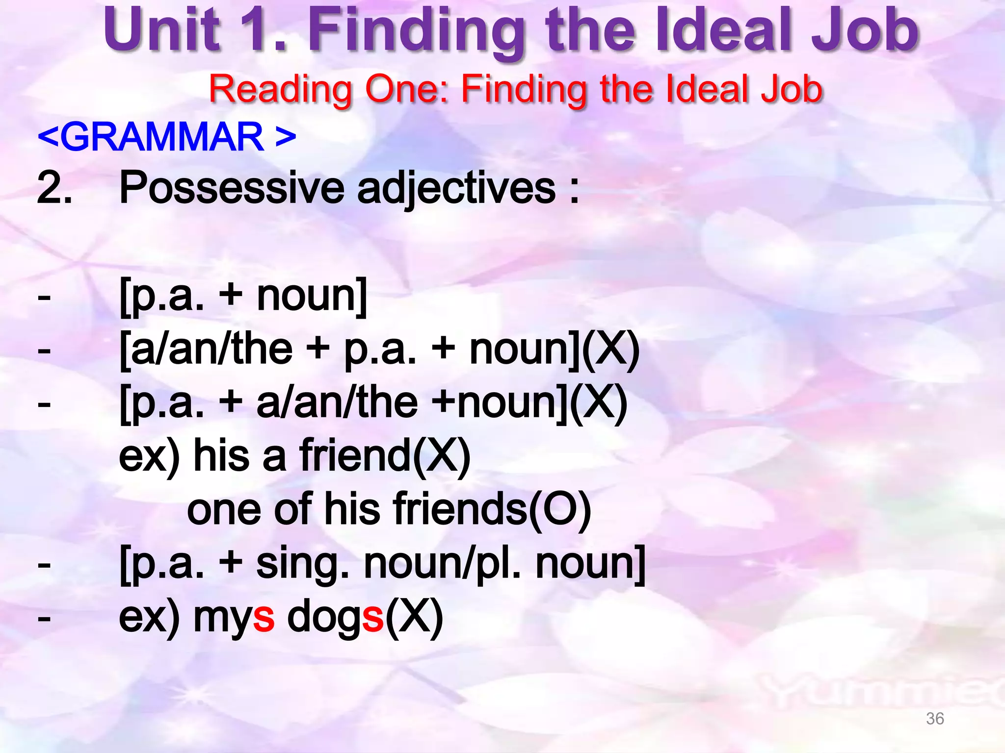 Unit 1. Finding the Ideal Job
      Reading One: Finding the Ideal Job
<GRAMMAR >
2. Possessive adjectives :

-   [p.a. + noun]
-   [a/an/the + p.a. + noun](X)
-   [p.a. + a/an/the +noun](X)
    ex) his a friend(X)
        one of his friends(O)
-   [p.a. + sing. noun/pl. noun]
-   ex) mys dogs(X)

                                           36
 