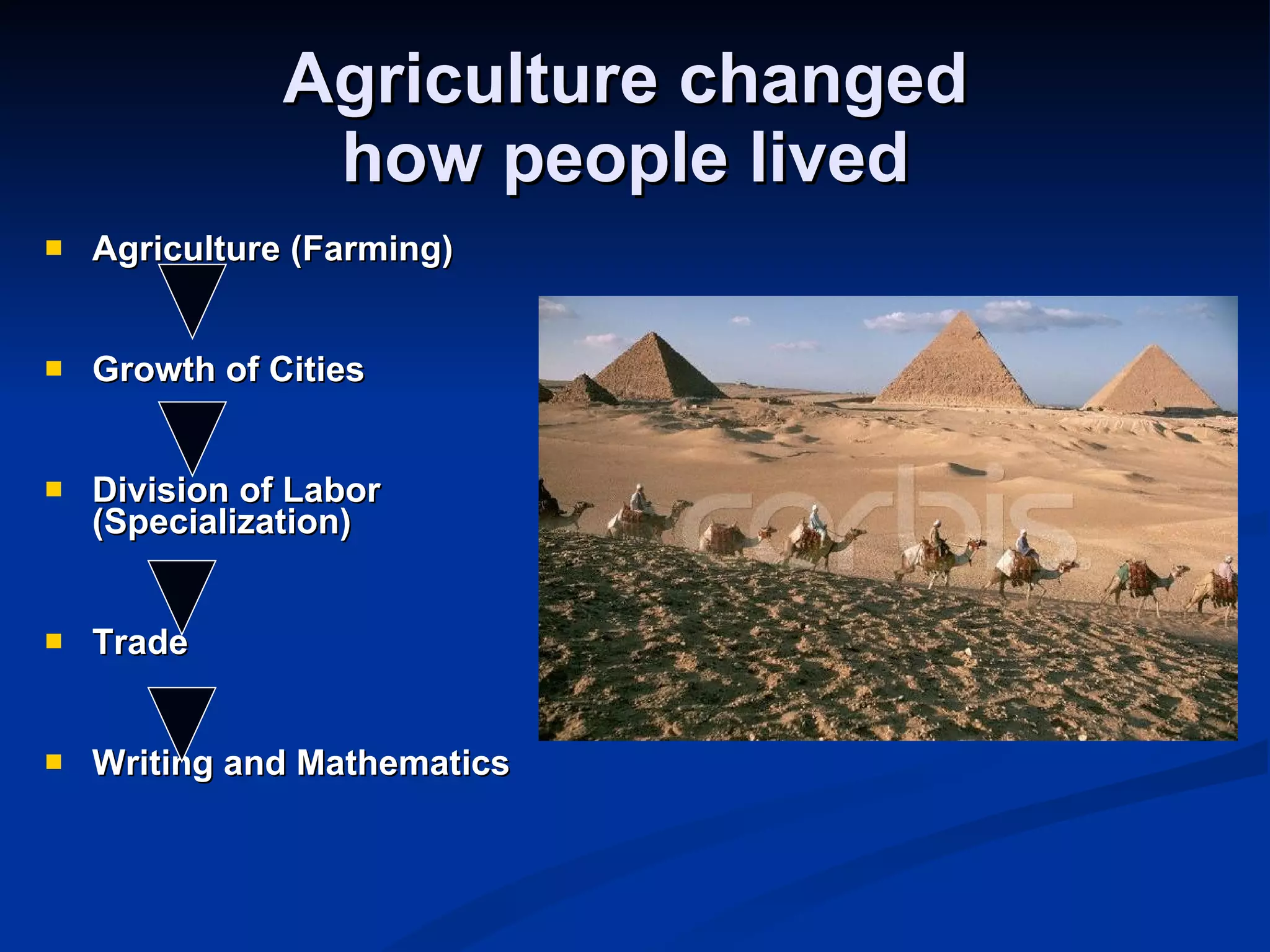 Agriculture changed  how people lived  Agriculture (Farming) Growth of Cities Division of Labor (Specialization) Trade Writing and Mathematics 