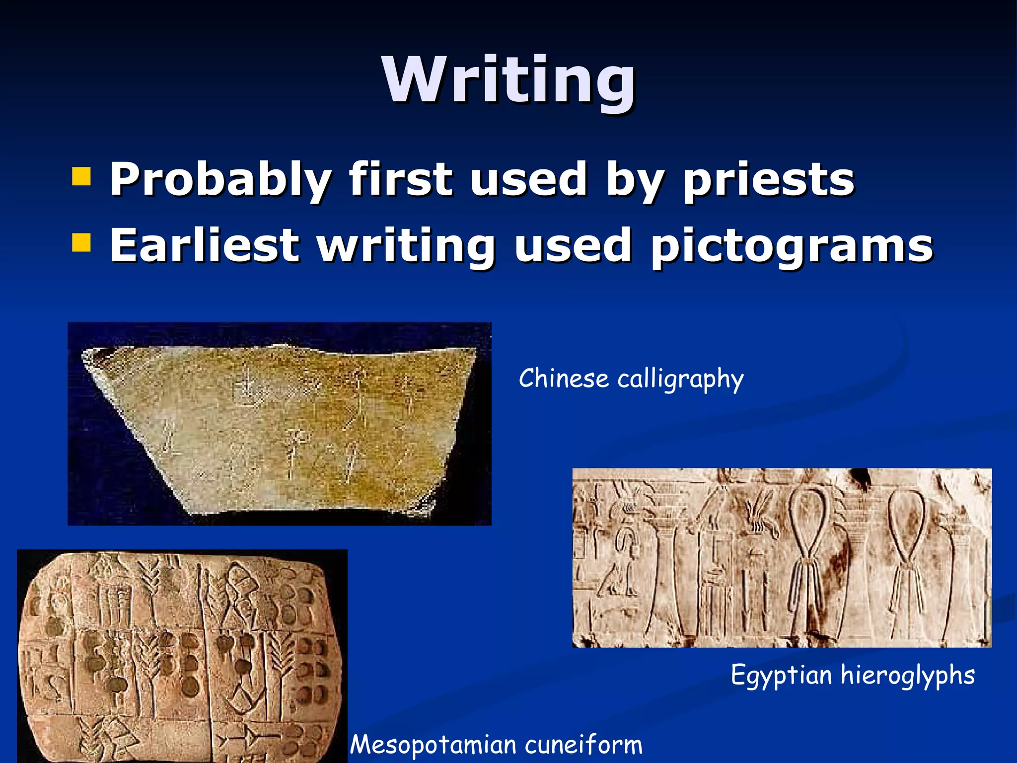 Writing Probably first used by priests Earliest writing used pictograms Mesopotamian cuneiform Egyptian hieroglyphs Chinese calligraphy 