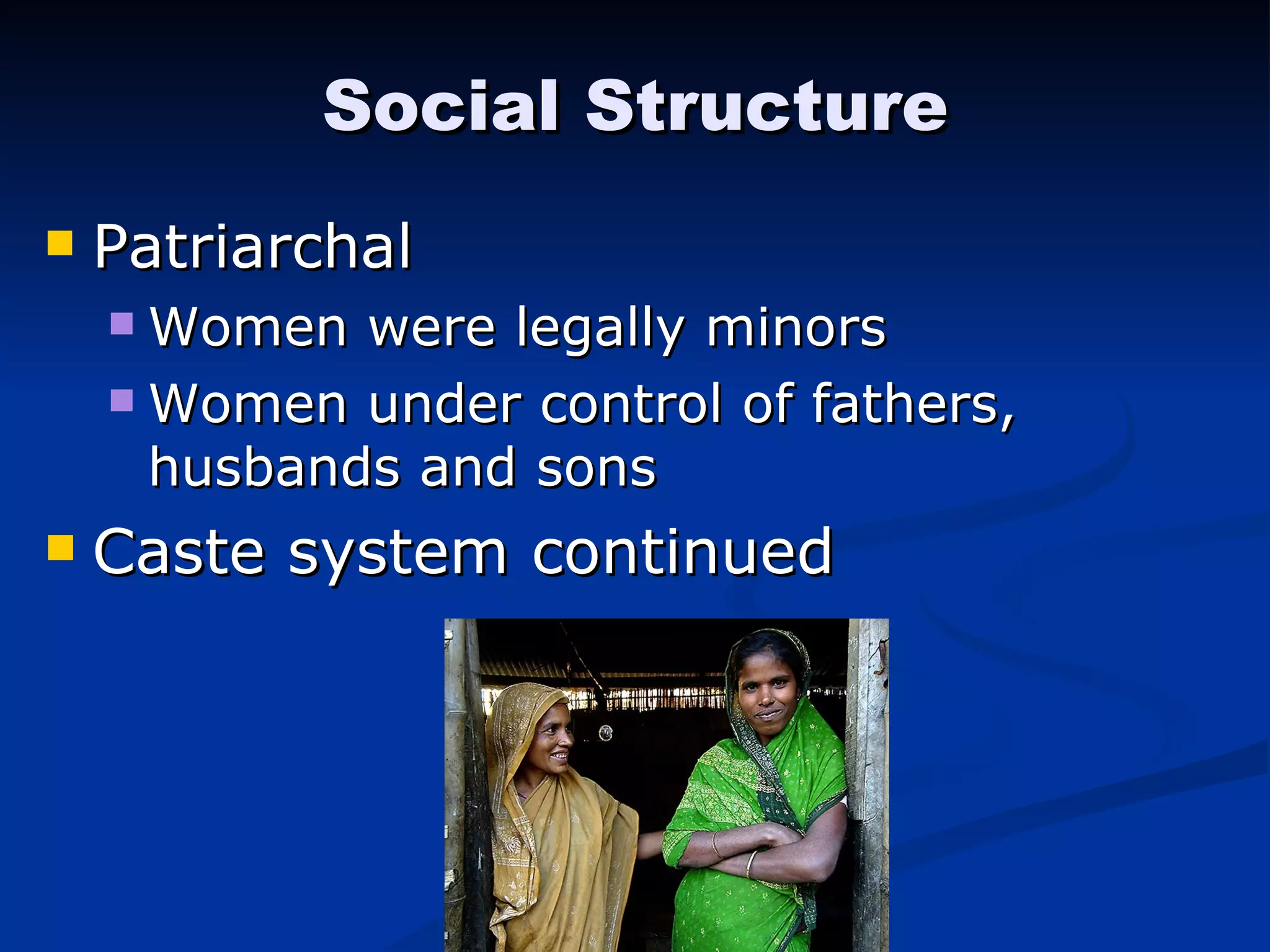 Social Structure Patriarchal Women were legally minors Women under control of fathers, husbands and sons Caste system continued 