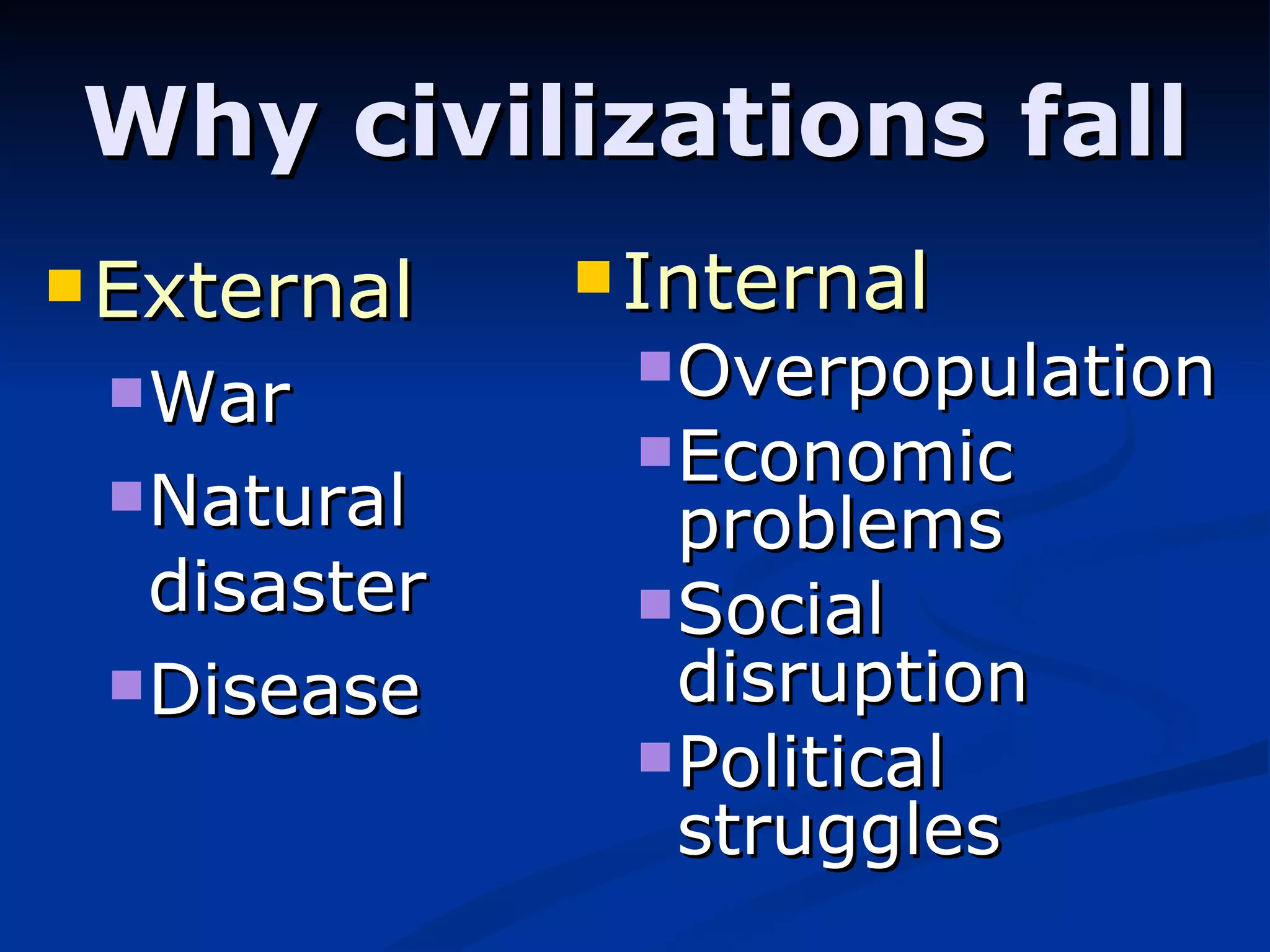 Why civilizations fall External War Natural disaster Disease Internal Overpopulation Economic problems Social disruption Political struggles 