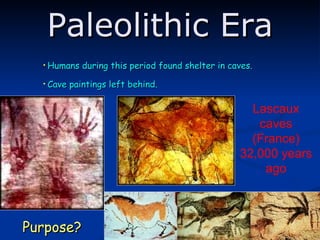 Humans during this period found shelter in caves. Cave paintings left behind.  Purpose? Lascaux caves (France) 32,000 years ago Paleolithic Era 