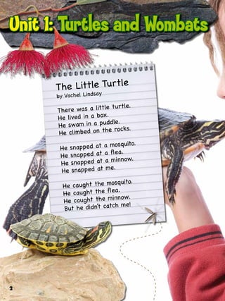 The Little Turtle
by Vachel Lindsay
There was a little turtle.
He lived in a box.
He swam in a puddle.
He climbed on the rocks.
He snapped at a mosquito.
He snapped at a flea.
He snapped at a minnow.
He snapped at me.
He caught the mosquito.
He caught the flea.
He caught the minnow.
But he didn’t catch me!
2
Unit 1: Turtles and Wombats
 