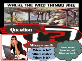 Question

       Where – am I?
                         W here are we?
        Where is he?    W here are you?
                        Where are they?
        Where is she?
        W here is it?
 