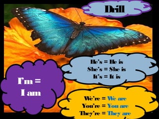 Drill



           He’s = He is
          She’s = She is
            It’s = It is
I’m =
 I am     We’re = W are
                    e
         You’re = You are
        They’re = They are
 