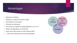 Advantages
 Regenerative Braking
 Reduction in engine and vehicle weight
 Fuel efficiency is increased
 Emissions are decreased
 Cut emissions of global warming pollutants by 1/3 or 1/2
 Reduce the dependency on fossil fuels
 Some states offer incentives with owning an HEV
 ~2 times more efficient than conventional engines
Low
Emission
Less Noise
Improved
fuel
Efficiency
 