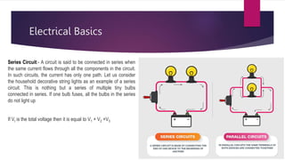 Electrical Basics
Series Circuit:- A circuit is said to be connected in series when
the same current flows through all the components in the circuit.
In such circuits, the current has only one path. Let us consider
the household decorative string lights as an example of a series
circuit. This is nothing but a series of multiple tiny bulbs
connected in series. If one bulb fuses, all the bulbs in the series
do not light up
If Vt is the total voltage then it is equal to V1 + V2 +V3
 