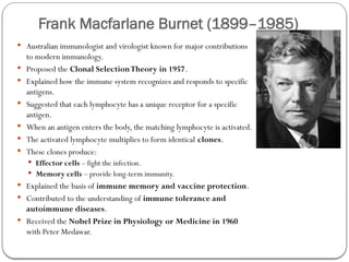 Frank Macfarlane Burnet (1899–1985)
 Australian immunologist and virologist known for major contributions
to modern immunology.
 Proposed the Clonal SelectionTheory in 1957.
 Explained how the immune system recognizes and responds to specific
antigens.
 Suggested that each lymphocyte has a unique receptor for a specific
antigen.
 When an antigen enters the body, the matching lymphocyte is activated.
 The activated lymphocyte multiplies to form identical clones.
 These clones produce:
 Effector cells – fight the infection.
 Memory cells – provide long-term immunity.
 Explained the basis of immune memory and vaccine protection.
 Contributed to the understanding of immune tolerance and
autoimmune diseases.
 Received the Nobel Prize in Physiology or Medicine in 1960
with Peter Medawar.
 