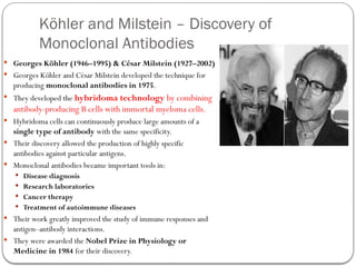 Köhler and Milstein – Discovery of
Monoclonal Antibodies
 Georges Köhler (1946–1995) & César Milstein (1927–2002)
 Georges Köhler and César Milstein developed the technique for
producing monoclonal antibodies in 1975.
 They developed the hybridoma technology by combining
antibody-producing B cells with immortal myeloma cells.
 Hybridoma cells can continuously produce large amounts of a
single type of antibody with the same specificity.
 Their discovery allowed the production of highly specific
antibodies against particular antigens.
 Monoclonal antibodies became important tools in:
 Disease diagnosis
 Research laboratories
 Cancer therapy
 Treatment of autoimmune diseases
 Their work greatly improved the study of immune responses and
antigen–antibody interactions.
 They were awarded the Nobel Prize in Physiology or
Medicine in 1984 for their discovery.
 