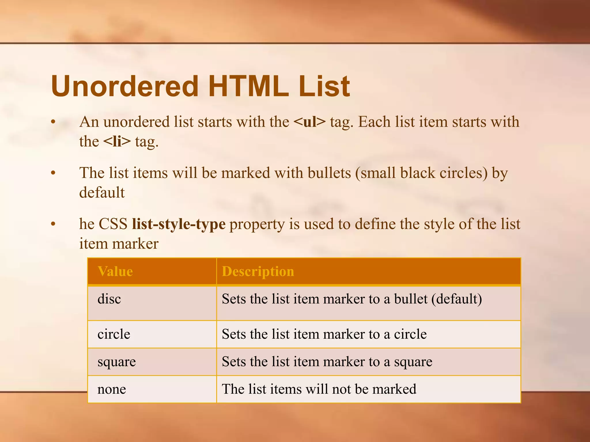 Unordered HTML List • An unordered list starts with the <ul> tag. Each list item starts with the <li> tag. • The list items will be marked with bullets (small black circles) by default • he CSS list-style-type property is used to define the style of the list item marker Value Description disc Sets the list item marker to a bullet (default) circle Sets the list item marker to a circle square Sets the list item marker to a square none The list items will not be marked 