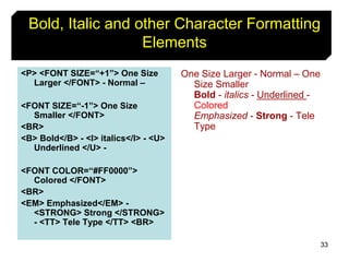 33
Bold, Italic and other Character Formatting
Elements
<P> <FONT SIZE=“+1”> One Size
Larger </FONT> - Normal –
<FONT SIZE=“-1”> One Size
Smaller </FONT>
<BR>
<B> Bold</B> - <I> italics</I> - <U>
Underlined </U> -
<FONT COLOR=“#FF0000”>
Colored </FONT>
<BR>
<EM> Emphasized</EM> -
<STRONG> Strong </STRONG>
- <TT> Tele Type </TT> <BR>
One Size Larger - Normal – One
Size Smaller
Bold - italics - Underlined -
Colored
Emphasized - Strong - Tele
Type
 