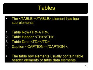 47
Tables
 The <TABLE></TABLE> element has four
sub-elements:
1. Table Row<TR></TR>.
2. Table Header <TH></TH>.
3. Table Data <TD></TD>.
4. Caption <CAPTION></CAPTION>.
 The table row elements usually contain table
header elements or table data elements.
 