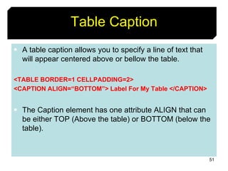 51
Table Caption
 A table caption allows you to specify a line of text that
will appear centered above or bellow the table.
<TABLE BORDER=1 CELLPADDING=2>
<CAPTION ALIGN=“BOTTOM”> Label For My Table </CAPTION>
 The Caption element has one attribute ALIGN that can
be either TOP (Above the table) or BOTTOM (below the
table).
 