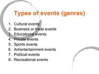 Types of events (genres)
1. Cultural events
2. Business or trade events
3. Educational events
4. Private events
5. Sports events
6. Art/entertainment events
7. Political events
8. Recreational events
 