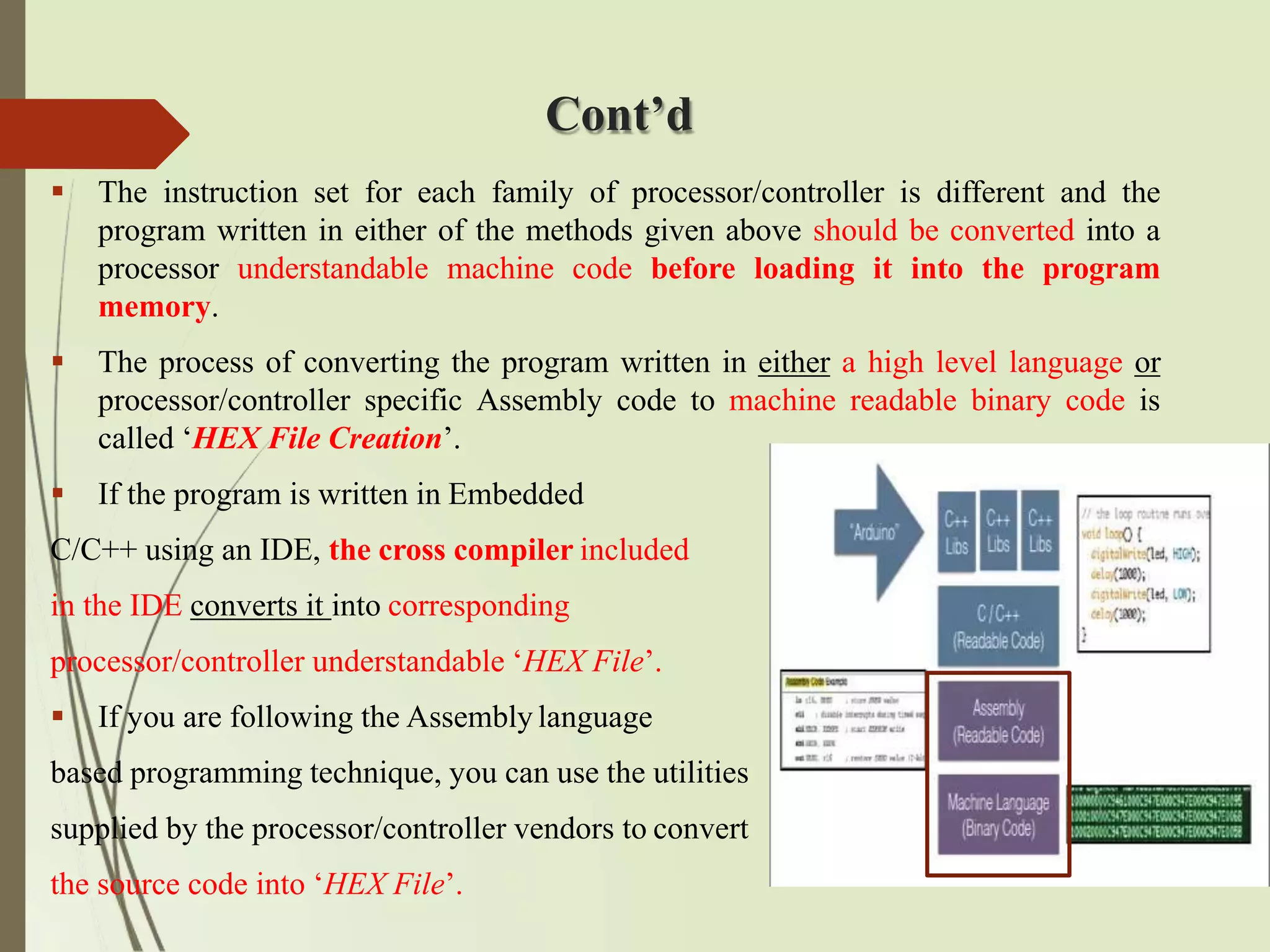 Cont’d
 The instruction set for each family of processor/controller is different and the
program written in either of the methods given above should be converted into a
processor understandable machine code before loading it into the program
memory.
 The process of converting the program written in either a high level language or
processor/controller specific Assembly code to machine readable binary code is
called ‘HEX File Creation’.
 If the program is written in Embedded
C/C++ using an IDE, the cross compiler included
in the IDE converts it into corresponding
processor/controller understandable ‘HEX File’.
 If you are following the Assembly language
based programming technique, you can use the utilities
supplied by the processor/controller vendors to convert
the source code into ‘HEX File’.
 