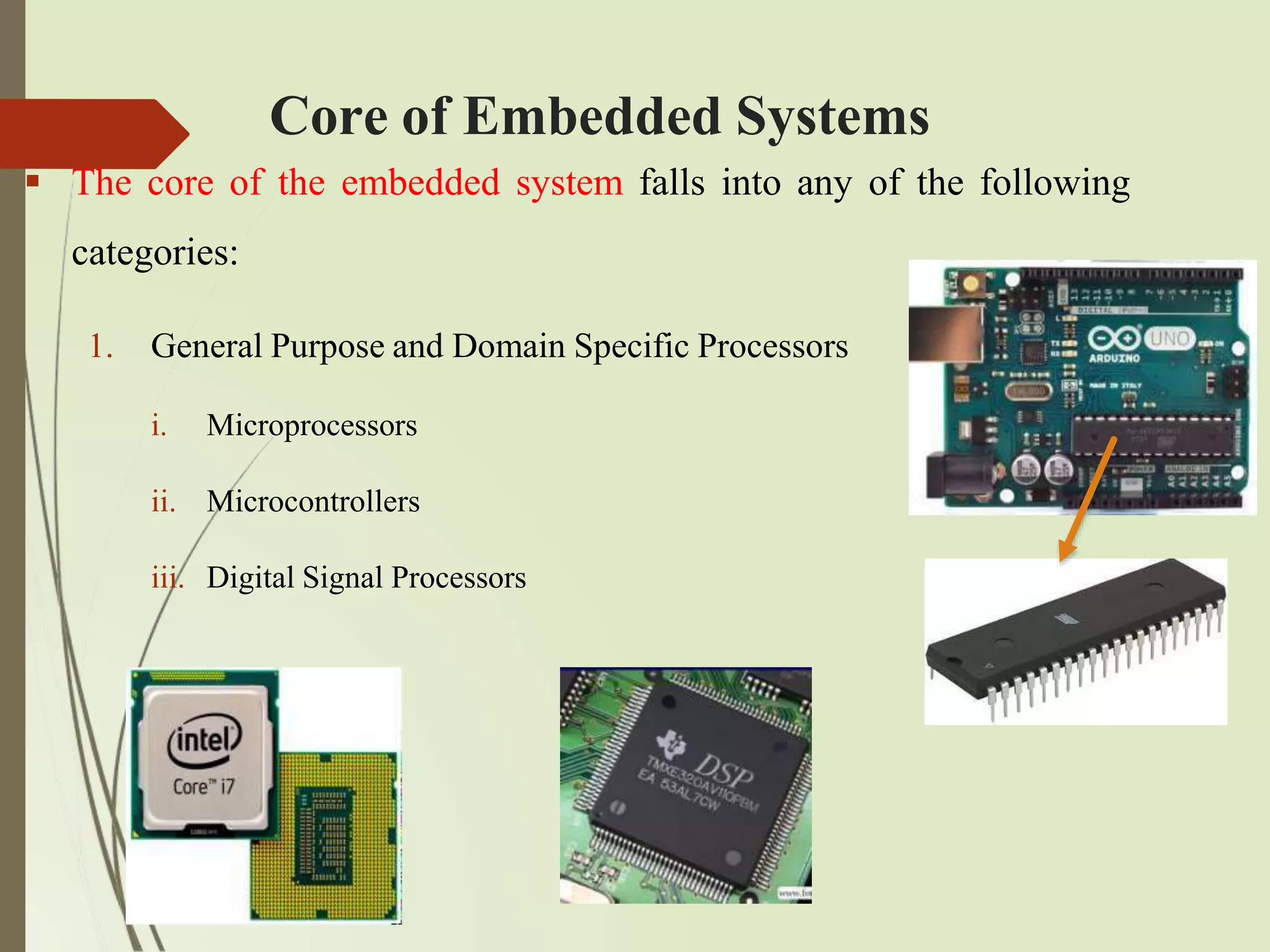 Core of Embedded Systems
 The core of the embedded system falls into any of the following
categories:
1. General Purpose and Domain Specific Processors
i. Microprocessors
ii. Microcontrollers
iii. Digital Signal Processors
 