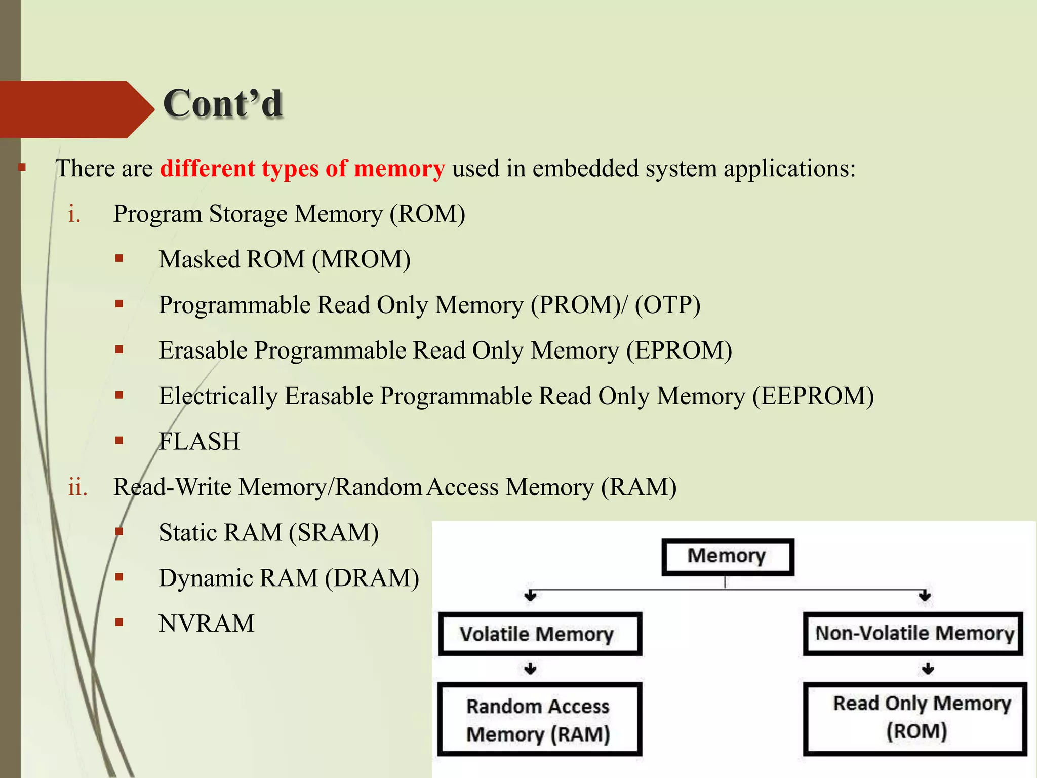 Cont’d
 There are different types of memory used in embedded system applications:
i. Program Storage Memory (ROM)
 Masked ROM (MROM)
 Programmable Read Only Memory (PROM)/ (OTP)
 Erasable Programmable Read Only Memory (EPROM)
 Electrically Erasable Programmable Read Only Memory (EEPROM)
 FLASH
ii. Read-Write Memory/RandomAccess Memory (RAM)
 Static RAM (SRAM)
 Dynamic RAM (DRAM)
 NVRAM
 