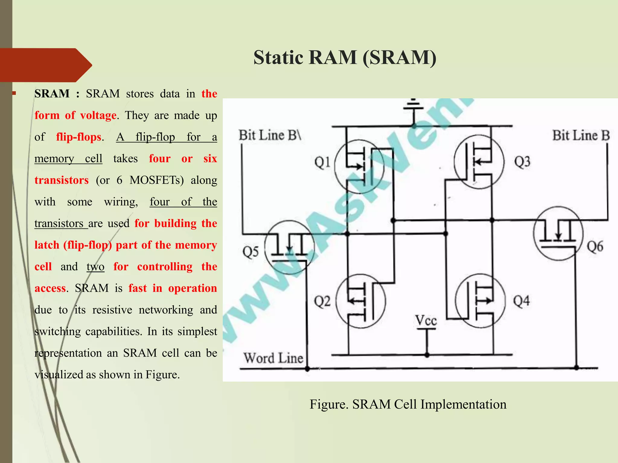 Static RAM (SRAM)
 SRAM : SRAM stores data in the
form of voltage. They are made up
of flip-flops. A flip-flop for a
memory cell takes four or six
transistors (or 6 MOSFETs) along
with some wiring, four of the
transistors are used for building the
latch (flip-flop) part of the memory
cell and two for controlling the
access. SRAM is fast in operation
due to its resistive networking and
switching capabilities. In its simplest
representation an SRAM cell can be
visualized as shown in Figure.
Figure. SRAM Cell Implementation
 