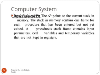 Computer System
Operation…
⚫/tack Pointer(/P): The /P points to the current stack in
memory. The stack in memory contains one frame for
each procedure that has been entered but not yet
exited. A procedure’s stack frame contains input
parameters, local variables and temporary variables
that are not kept in registers.
Prepared By: Lok Prakash
Pandey
34
 