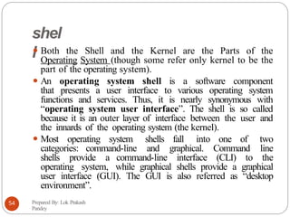 shel
l
⚫ Both the Shell and the Kernel are the Parts of the
Operating System (though some refer only kernel to be the
part of the operating system).
⚫ An operating system shell is a software component
that presents a user interface to various operating system
functions and services. Thus, it is nearly synonymous with
“operating system user interface”. The shell is so called
because it is an outer layer of interface between the user and
the innards of the operating system (the kernel).
⚫ Most operating system shells fall into one of two
categories: command-line and graphical. Command line
shells provide a command-line interface (CLI) to the
operating system, while graphical shells provide a graphical
user interface (GUI). The GUI is also referred as “desktop
environment”.
Prepared By: Lok Prakash
Pandey
54
 