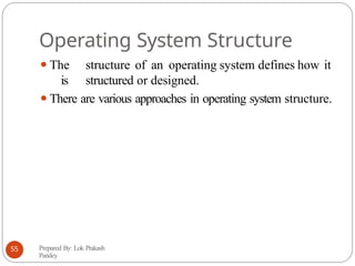 Operating System Structure
⚫The structure of an operating system defines how it
is structured or designed.
⚫There are various approaches in operating system structure.
Prepared By: Lok Prakash
Pandey
55
 