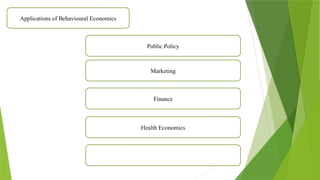 Applications of Behavioural Economics
Public Policy
Marketing
Finance
Health Economics
 