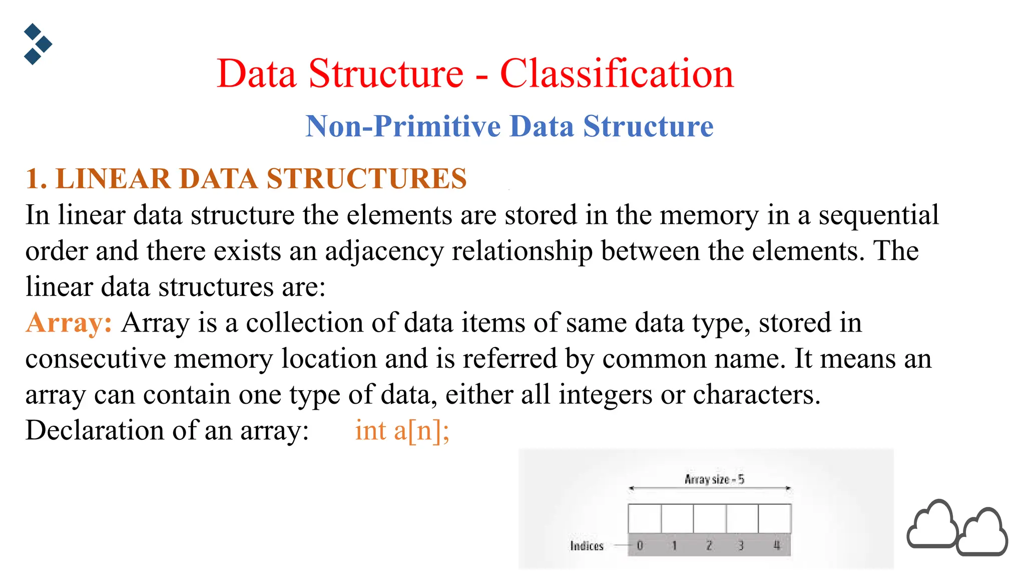 Non-Primitive Data Structure 1. LINEAR DATA STRUCTURES In linear data structure the elements are stored in the memory in a sequential order and there exists an adjacency relationship between the elements. The linear data structures are: Array: Array is a collection of data items of same data type, stored in consecutive memory location and is referred by common name. It means an array can contain one type of data, either all integers or characters. Declaration of an array: int a[n]; Data Structure - Classification 