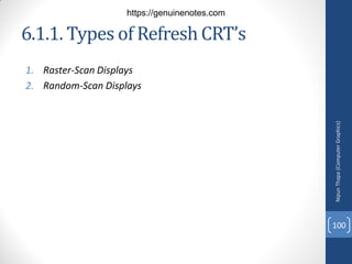 6.1.1. Types of Refresh CRT’s
1. Raster-Scan Displays
2. Random-Scan Displays
Nipun
Thapa
(Computer
Graphics)
100
https://genuinenotes.com
 