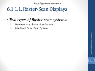 • Two types of Raster-scan systems:
i. Non-interlaced Raster-Scan System
ii. Interlaced Raster-Scan System
6.1.1.1. Raster-ScanDisplays
Nipun
Thapa
(Computer
Graphics)
102
https://genuinenotes.com
 