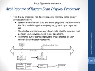 Architectureof Raster-Scan Display Processor
• The display processor has its own separate memory called display
processor memory.
• System memory holds data and those programs that execute on
the CPU, and the application program, graphics packages and
OS.
• The display processor memory holds data plus the program that
perform scan conversion and raster operations.
• The frame buffer stores displayable image created by scan
conversion and raster operations.
Nipun
Thapa
(Computer
Graphics)
110
https://genuinenotes.com
 