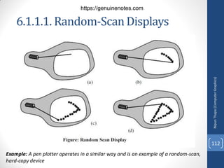 6.1.1.1. Random-ScanDisplays
Example: A pen plotter operates in a similar way and is an example of a random-scan,
hard-copy device
Nipun
Thapa
(Computer
Graphics)
112
https://genuinenotes.com
 