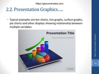 2.2. PresentationGraphics…..
• Typical examples are bar charts, line graphs, surface graphs,
pie charts and other displays showing relationship between
multiple variables.
Nipun
Thapa
(Computer
Graphics)
12
https://genuinenotes.com
 