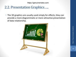 2.2. PresentationGraphics…..
• The 3D graphics are usually used simply for effects; they can
provide a more diagrammatic or more attractive presentation
of data relationship.
Nipun
Thapa
(Computer
Graphics)
13
https://genuinenotes.com
 